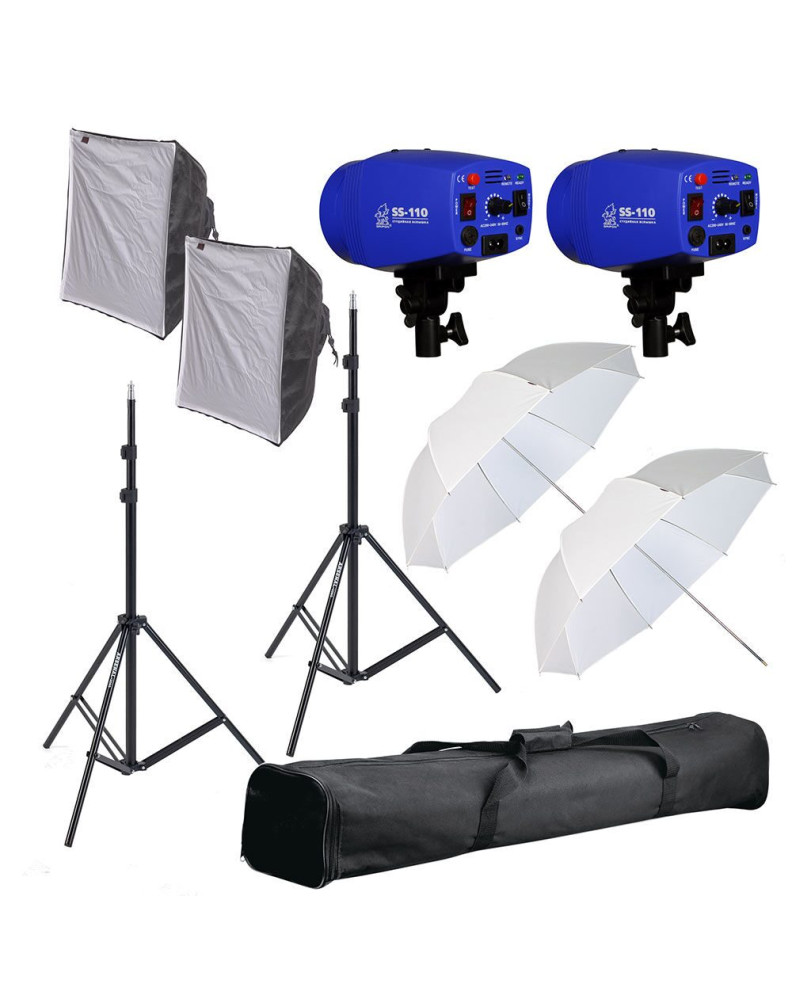 КОМПЛЕКТ: BestKit-110 импульсная вспышка SS-110 (110Дж): 2шт., стойка в чехле GRIFON-2000 (Hmax-200см): 2шт., зонт просветный Т- фото Fotogrifon