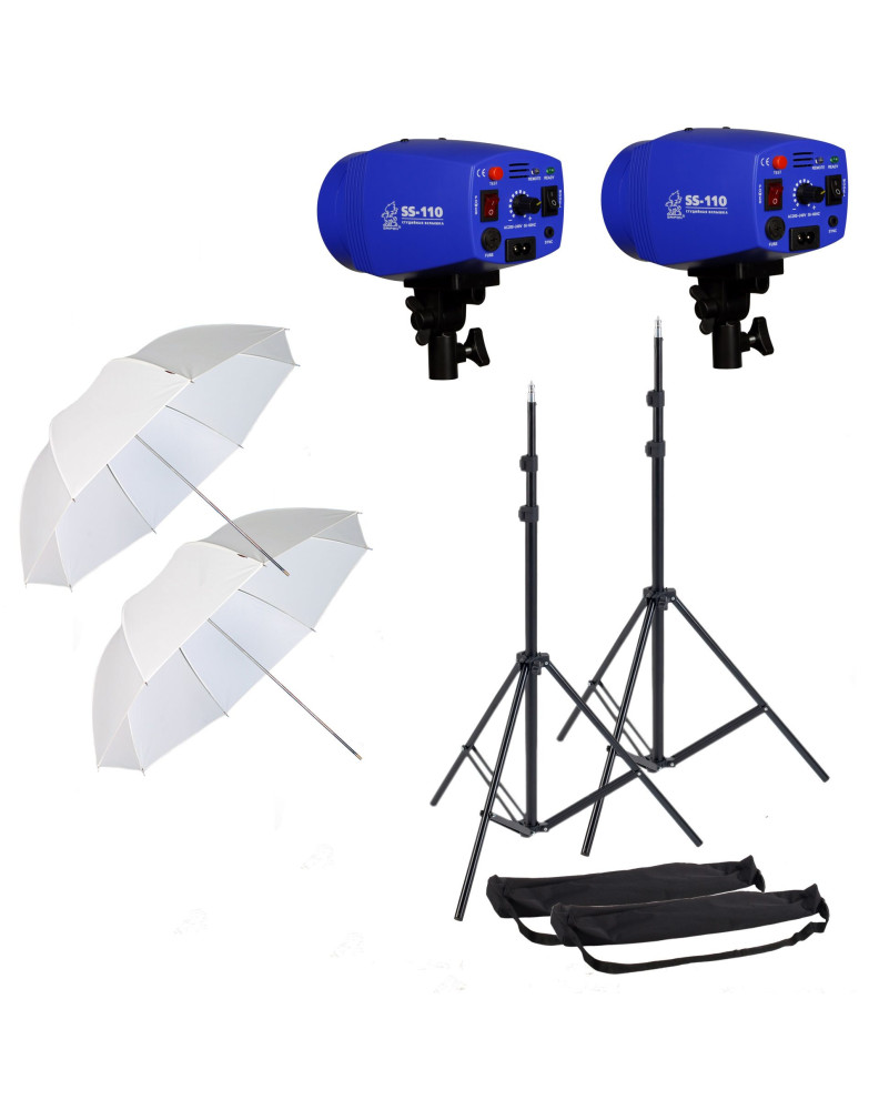 НАБОР студийного света: iSN-110 импульсная вспышка SS-110 (110Дж): 2шт., стойка в чехле GRIFON-2000 (Hmax-200см): 2шт., зонт про фото Fotogrifon