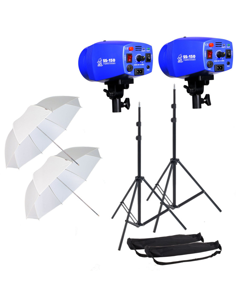 НАБОР студийного света: iSN-150 импульсная вспышка SS-150 (150Дж): 2шт., стойка в чехле GRIFON-2000 (Hmax-200см): 2шт., зонт про фото Fotogrifon