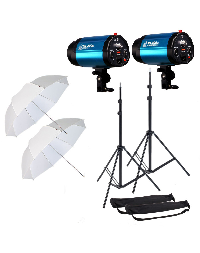 НАБОР студийного света: iSN-200 импульсная вспышка SS-200DI (200Дж): 2шт., стойка в чехле GRIFON-2000 (Hmax-200см): 2шт., зонт п фото Fotogrifon