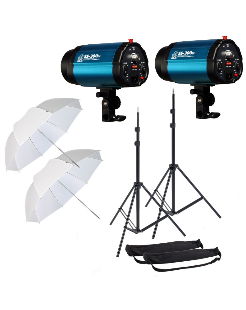 НАБОР студийного света: iSN-300 импульсная вспышка SS-300DI (300Дж): 2шт., стойка в чехле GRIFON-2000 (Hmax-200см): 2шт., зонт п фото Fotogrifon