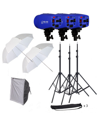 КОМПЛЕКТ: ecN3-110 импульсная вспышка SS-110 (110Дж): 3шт., стойка в чехле GRIFON-2000 (Hmax-200см): 3шт., зонт просветный Т-84 
