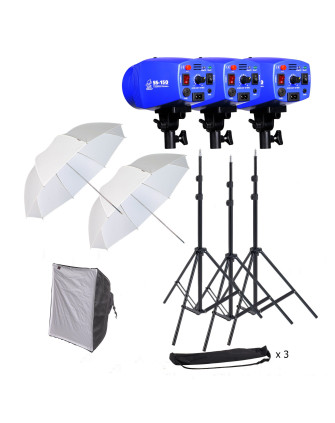 КОМПЛЕКТ: ecN3-150 импульсная вспышка SS-150 (150Дж): 3шт., стойка в чехле GRIFON-2000 (Hmax-200см): 3шт., зонт просветный Т-84 