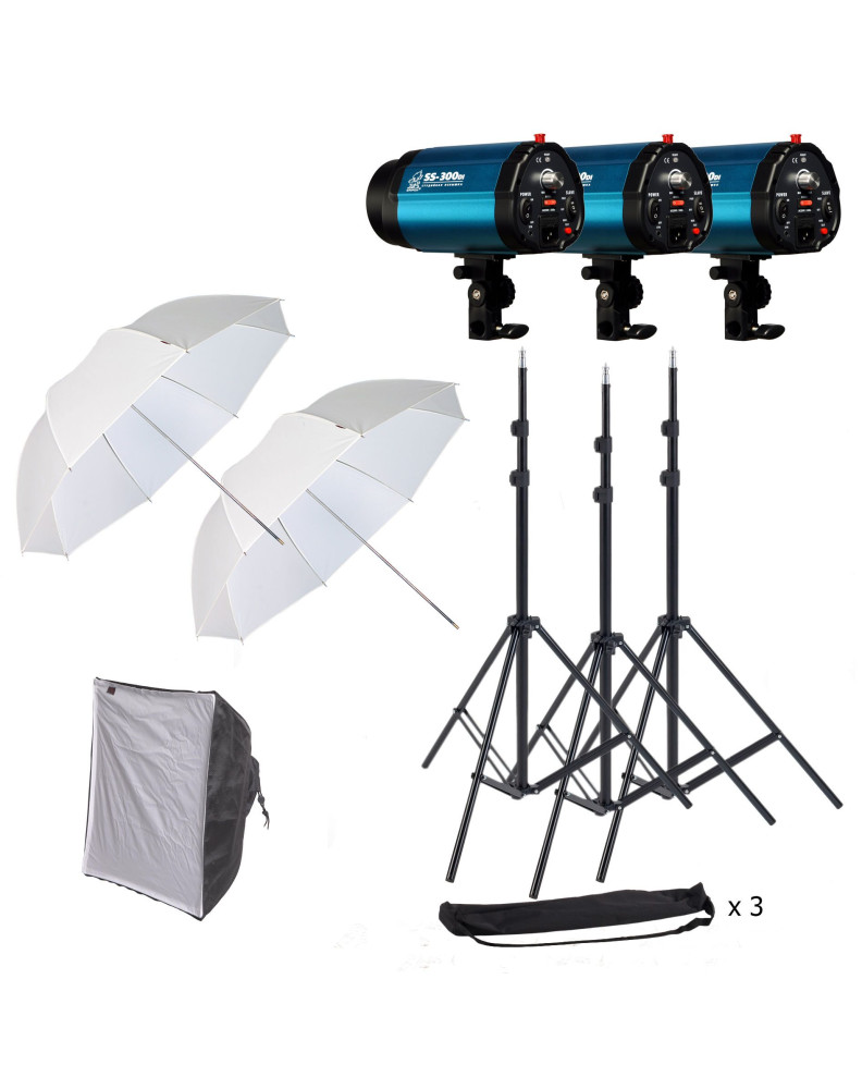 КОМПЛЕКТ: ecN3-300 импульсная вспышка SS-300DI (300Дж): 3шт., стойка в чехле GRIFON-2000 (Hmax-200см): 3шт., зонт просветный Т-8 фото Fotogrifon