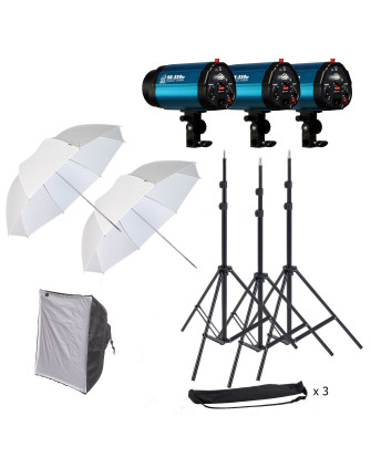 КОМПЛЕКТ: ecN3-350 импульсная вспышка SS-350DI (350Дж): 3шт., стойка в чехле GRIFON-2000 (Hmax-200см): 3шт., зонт просветный Т-8