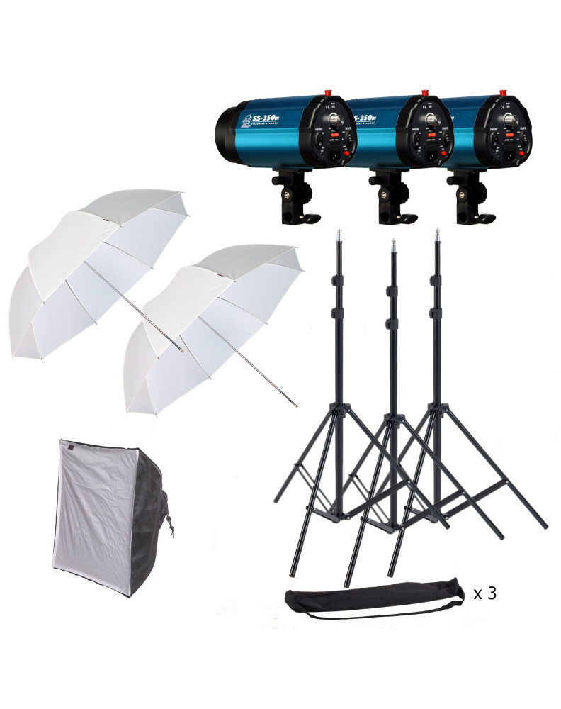 КОМПЛЕКТ: ecN3-350 импульсная вспышка SS-350DI (350Дж): 3шт., стойка в чехле GRIFON-2000 (Hmax-200см): 3шт., зонт просветный Т-8 фото Fotogrifon